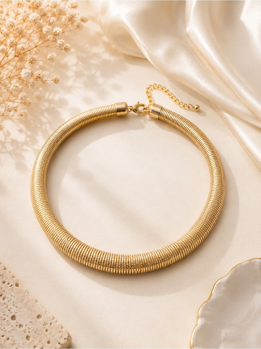 Gold Statement Collar Choker Necklace | Textured Ribbed Gold-Tone Adjustable Nec